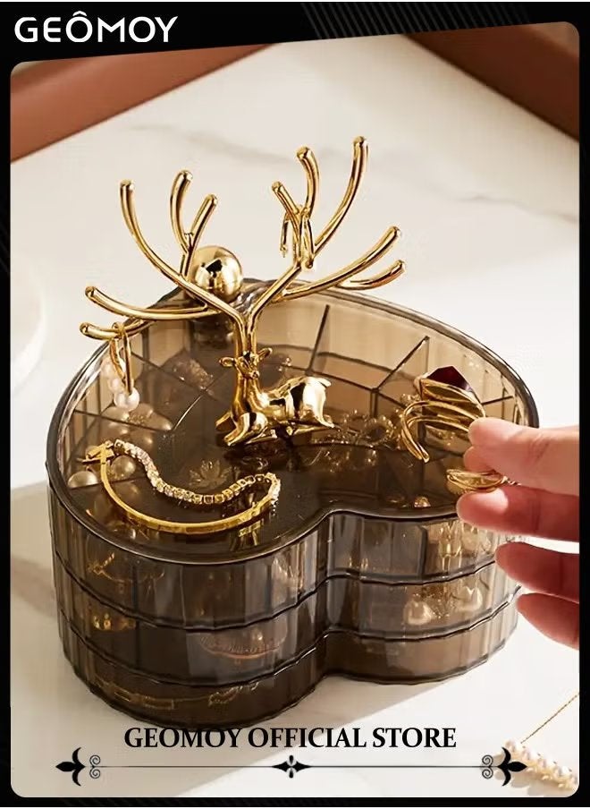 Geomoy 3 Layers Rotating Heart Shape Jewelry Organizer Box with Deer Decor Clear Acrylic Waterproof and Dustproof Jewelry Display Case with Cover Jewelry Tray Case for Rings, Earrings, Bracelets  - Image 1
