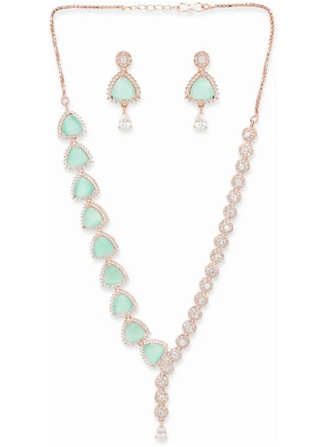 VOYLLA CZ Rose Gold Plated Pearl Necklace Set with Green Stone