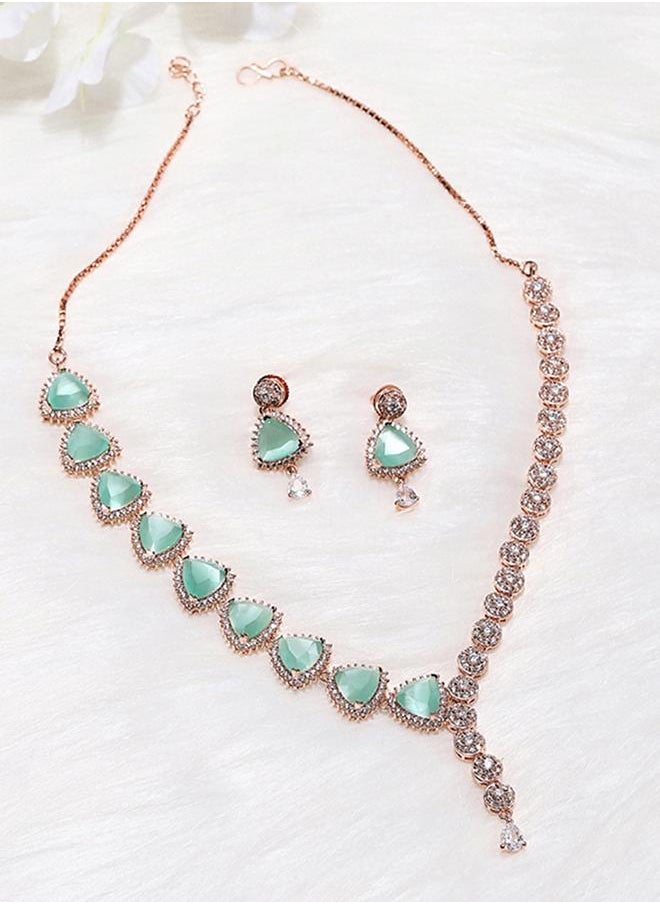 VOYLLA CZ Rose Gold Plated Pearl Necklace Set with Green Stone  - Image 1