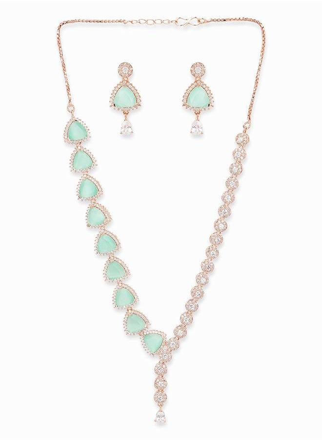 VOYLLA CZ Rose Gold Plated Pearl Necklace Set with Green Stone  - Image 2