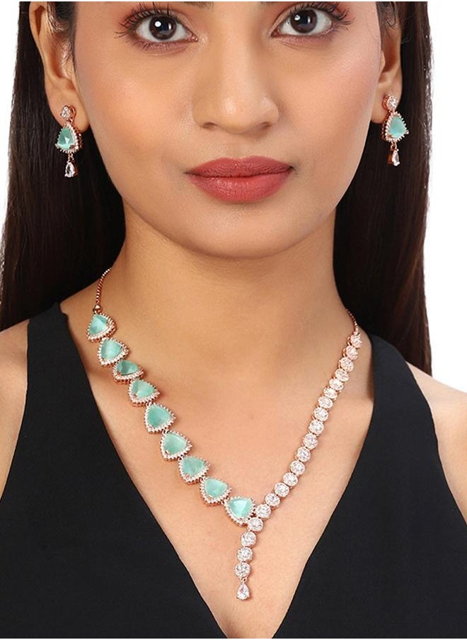 VOYLLA CZ Rose Gold Plated Pearl Necklace Set with Green Stone  - Image 5