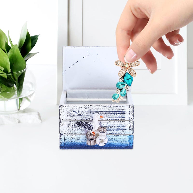 Mediterranean Blue Wooden Jewelry Box Organizer with Lid for Rings Necklaces Earrings - Image 5