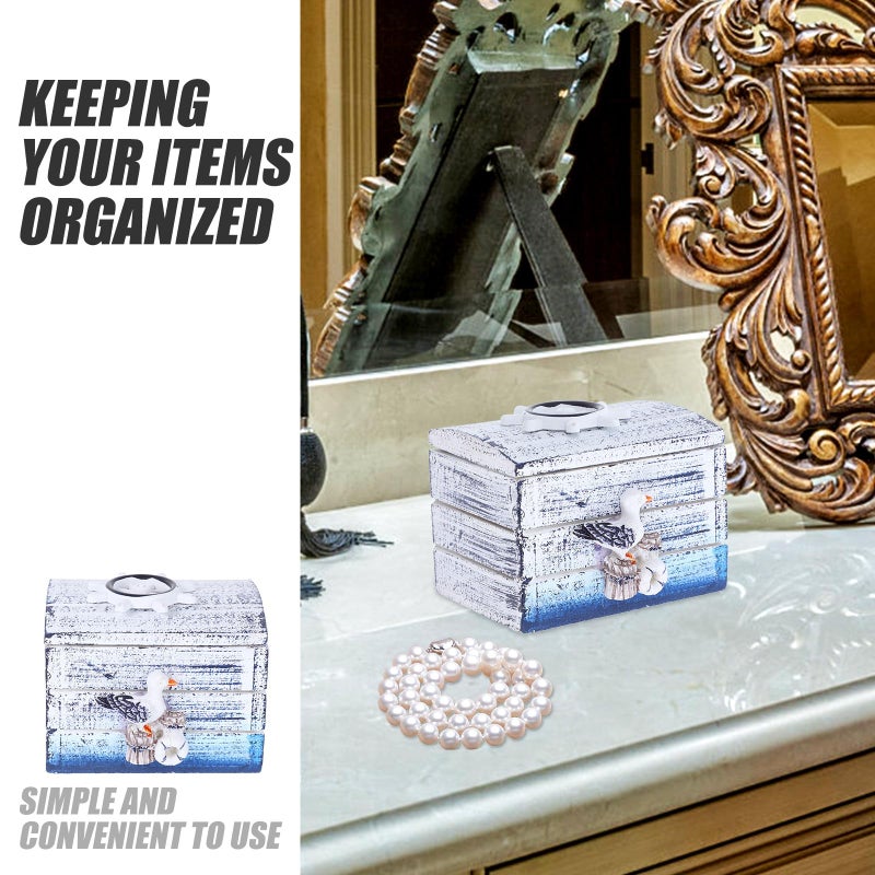Mediterranean Blue Wooden Jewelry Box Organizer with Lid for Rings Necklaces Earrings - Image 4