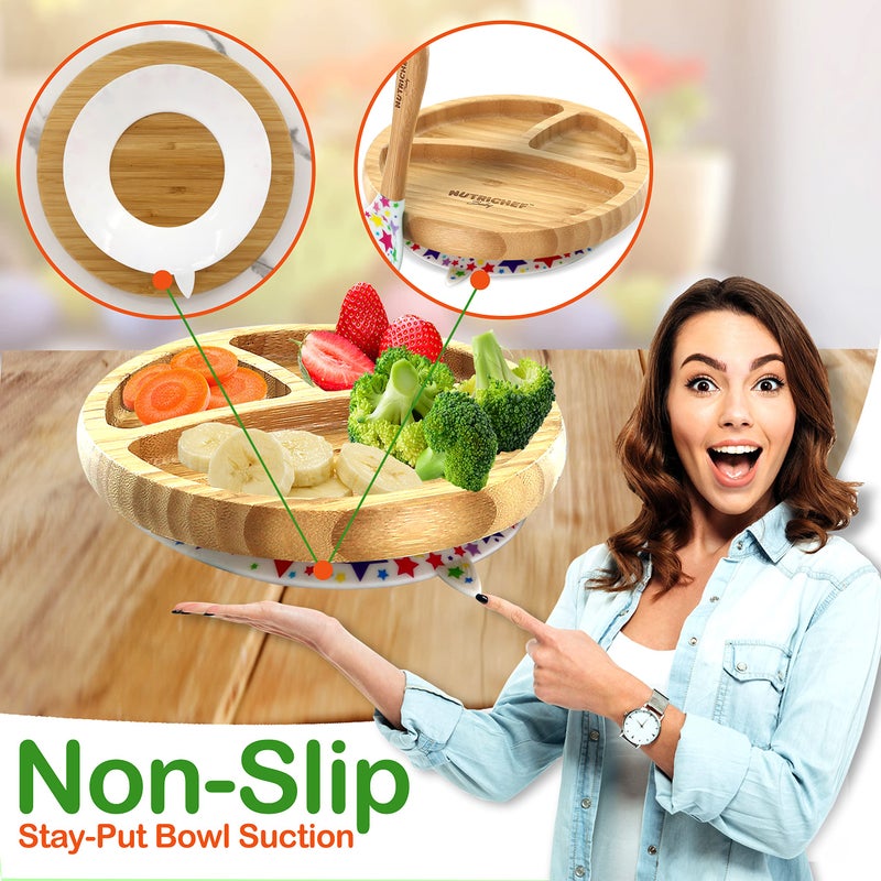 NutriChef Baby and Toddler, 3 Compartment Plate, Bowl, Cup and Spoon Feeding Set- Silicon Suction, Non-toxic all Natural Bamboo Baby Food Plate (Stars) - Image 5