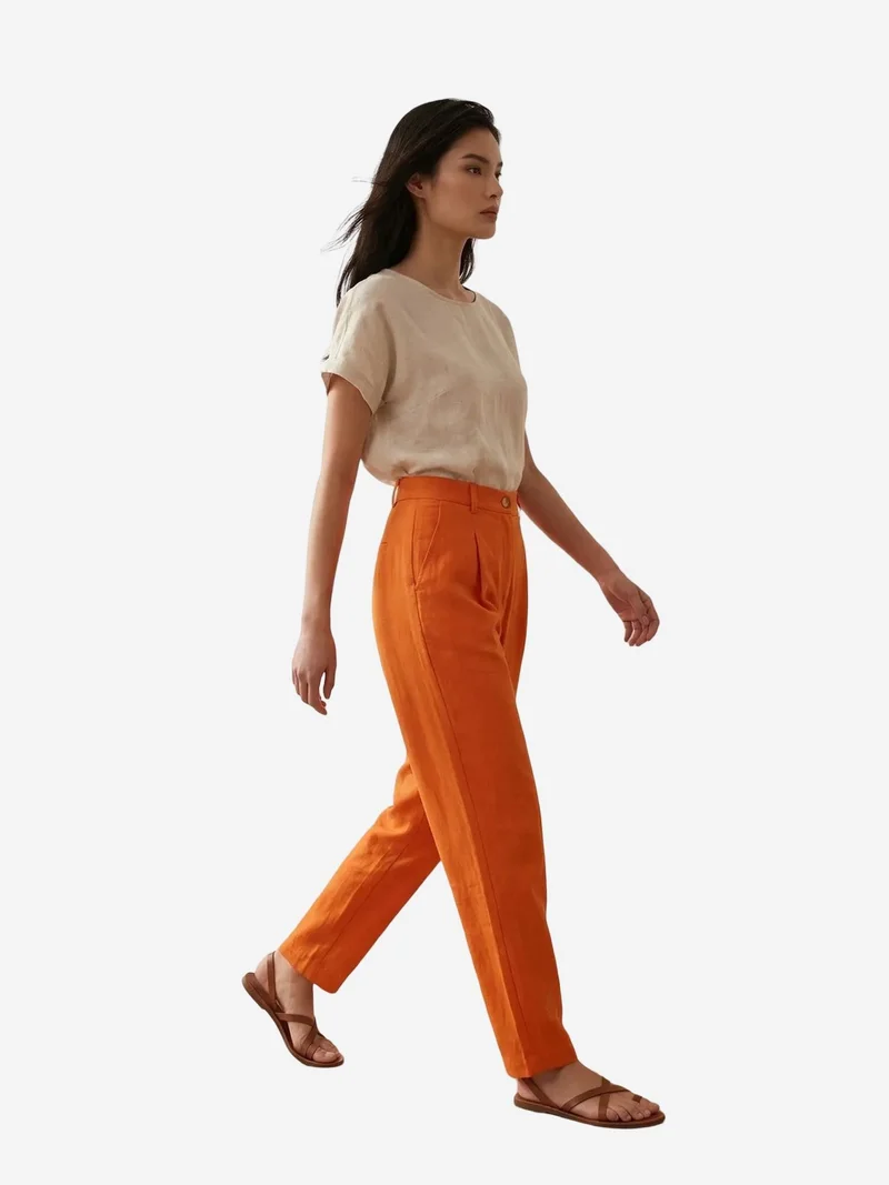 My Fashion Bright Orange MY FASHION High-Waist Straight-Leg Crepe Trousers for Women | Best Price UAE
