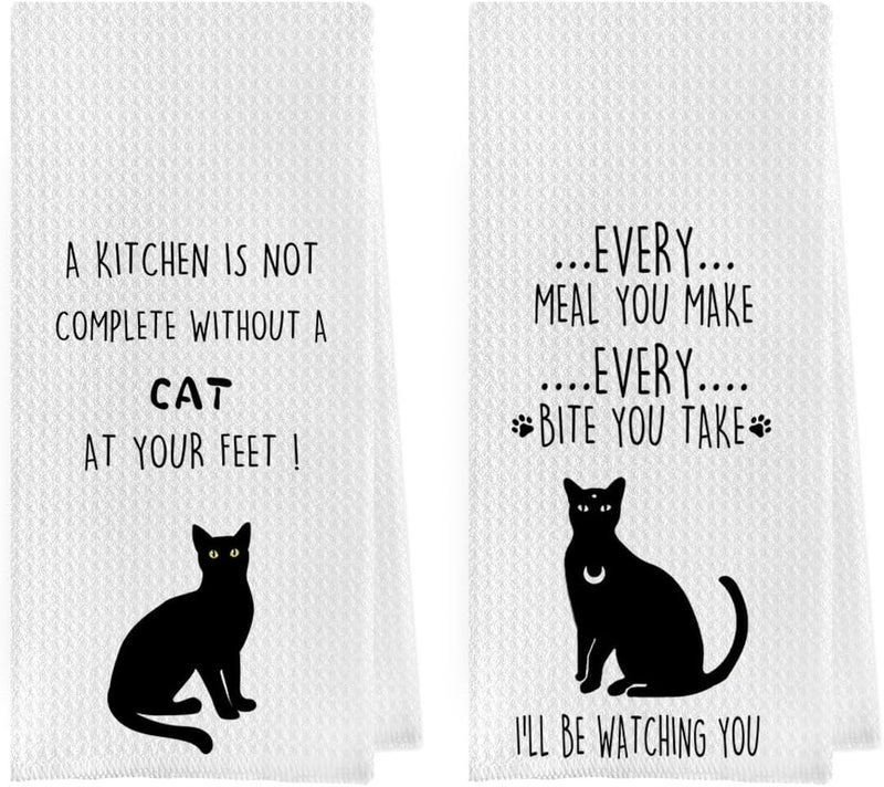 Geqtt Cat Gifts Dish Towels Set - Funny Waffle Weave Kitchen Hand Tea Towels, Black Cat Gift (1624 Inches Set of 2) - Image 1