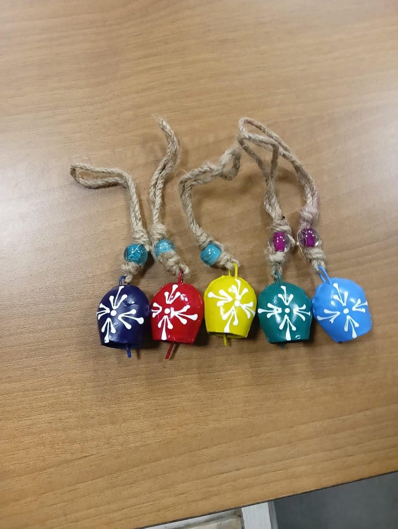 DULI Pack of 10 Rustic Mini Bell – Vintage Brass Hanging Bells for Decor & Craft (Wholesale), Wall Art, Diwali Decor, Home Decor Hanging Bells (Packof5-MulticolorCowbells1.75inches) - Image 2