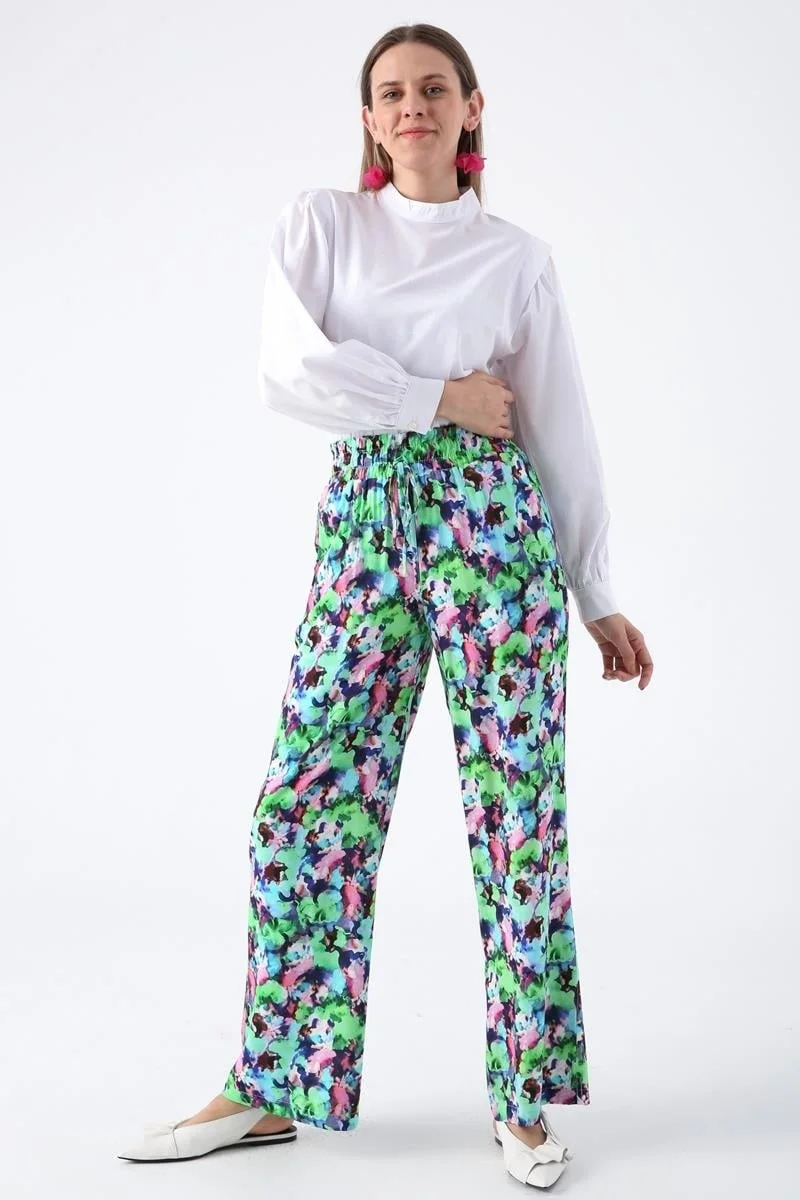 Allday Green-Pink-Patterned Elastic Waist Comfortable Viscose Trousers
