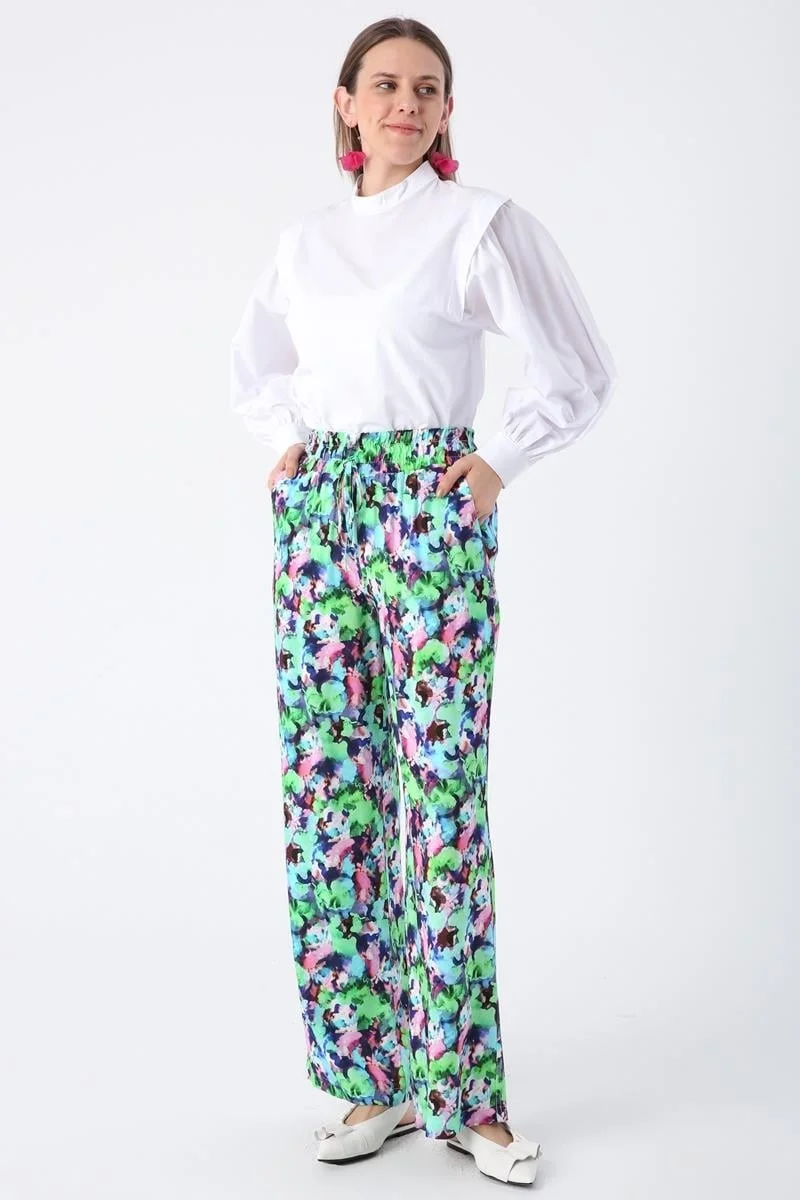Allday Green-Pink-Patterned Elastic Waist Comfortable Viscose Trousers