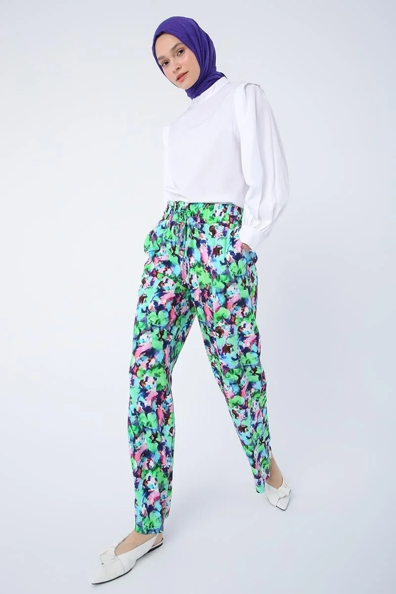 Allday Green-Pink-Patterned Elastic Waist Comfortable Viscose Trousers