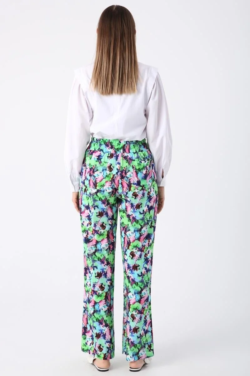 Allday Green-Pink-Patterned Elastic Waist Comfortable Viscose Trousers