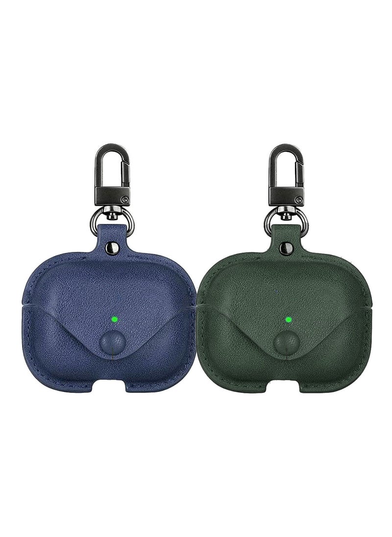 YOMNA YOMNA Protective Leather Case Compatible with AirPods Pro 2 Case, Wireless Charging Case Headphones EarPods, Soft Leather Cover with Carabiner Clip (Navy Blue/Dark Green) - (Set of 2)  - Image 1