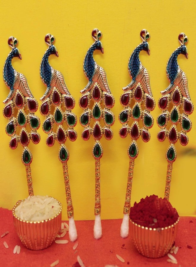 Comelyns Pooja Tilak Stick Meenakari Colorful Diamond Tilak Sticks Peacock Shape Tilak Stick, Pooja Thali Item Rakhi Stick kumkum Stick Rakhi Pooja thali Stick (Pack of 5 Sticks) (5) - Image 1