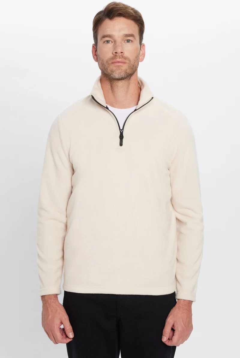 تودورس Men's Stand-Up Collar Non-Pilling Cold-Proof Standard Fit Comfortable Cut Beige Fleece Sweatshirt