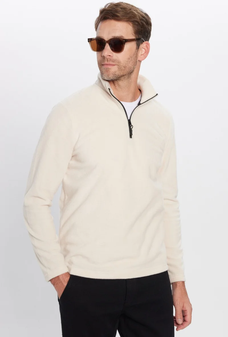 تودورس Men's Stand-Up Collar Non-Pilling Cold-Proof Standard Fit Comfortable Cut Beige Fleece Sweatshirt
