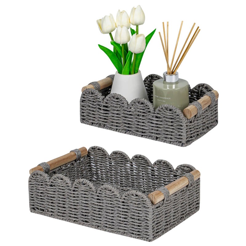 Cubesland Scalloped Edge Decor Baskets For Home  Living Room  Toilet Paper Storage Basket For Over Toilet Tank Top  Storage Shelf  Cute Small Paper Rope Baskets Both Storage&Decor  Set 2 Grey - Image 1