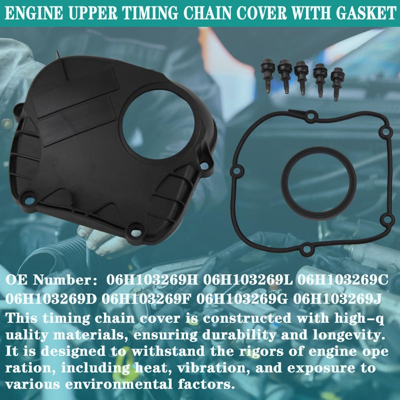 YzusGomumu Engine Upper Timing Chain Cover with Gasket Compatible with 2008-2017 Audi A3 A4 A5 A6 Q5 TT VW Beetle CC EOS Golf GTI Jetta Passat TIGUAN Replaces# 06H103269H 06H103269L 06H103269G, Black - Image 2