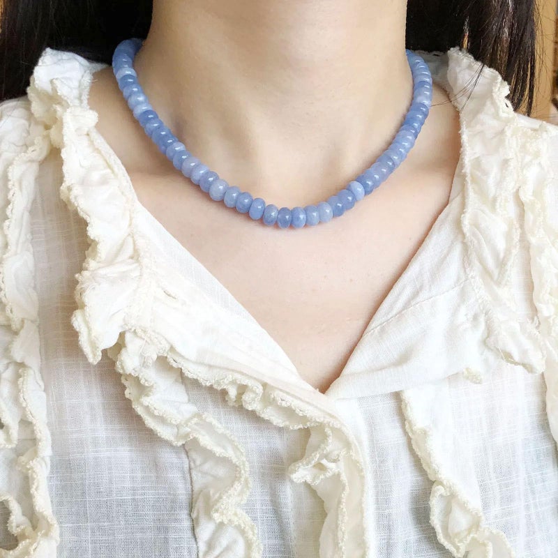 Iswawo Beaded Gemstone Necklace for Women, Pure Color Boho Bead Choker Natural Stone Surfer Beach Rainbow Beads 18K Gold Plated DIY Handmade Jewelry Charm Trendy Birthday Gifts (Blue) - Image 3