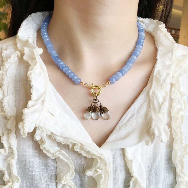 Iswawo Beaded Gemstone Necklace for Women, Pure Color Boho Bead Choker Natural Stone Surfer Beach Rainbow Beads 18K Gold Plated DIY Handmade Jewelry Charm Trendy Birthday Gifts (Blue) - Image 4