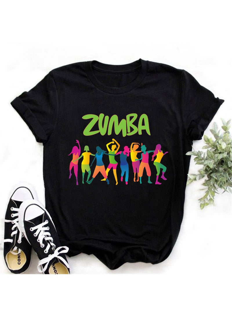 Generic - Zumba Floral Print Short Sleeve T-Shirt Womens Top Fashionable Casual Style round Neck Fit Type Polyester Fiber Modal Fabric 20-Black - Image 1