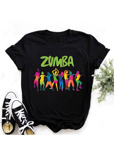 Zumba Floral Print Short Sleeve T-Shirt Womens Top Fashionable Casual Style round Neck Fit Type Polyester Fiber Modal Fabric 20-Black
