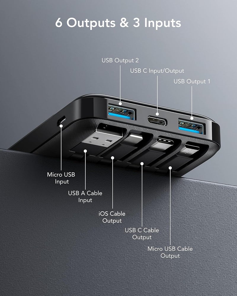 Charmast Power Bank with Built in Cable, 10000mAh USB C Battery pack 6 Outputs 2 Inputs with LED Display Type C Powerbank Portable Charger Compatible with Smartphones Tablets and More - Image 3
