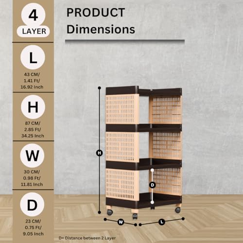 Biltoxi Multi-Purpose Trolley, Rolling Storage Rack, Plastic Storage Cart, Wheeled Organizer Stand Ideal for Kitchen, Office and Bathroom Organization (4 Layer, Brown and Ivory) - Image 2
