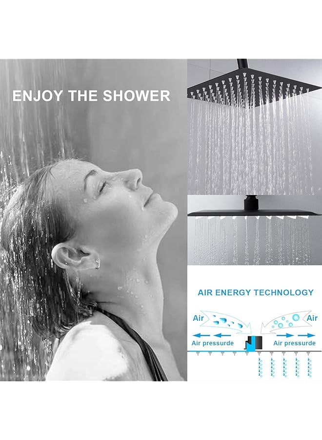 إيروريكس رأس دش مطري مربع مقاس 12 بوصة، أسود غير لامع، رأس دش استحمام من الفولاذ المقاوم للصدأ، غطاء رأس دش أسود مع فوهة سيليكون - Image 4