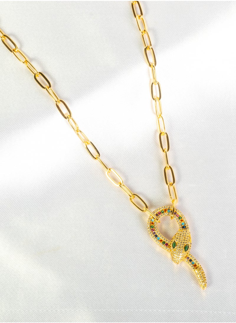The Black Pearl Accessories - Chinese Gold Necklace gold with a Multi Colored Zirconic Snake Pendant - Image 1