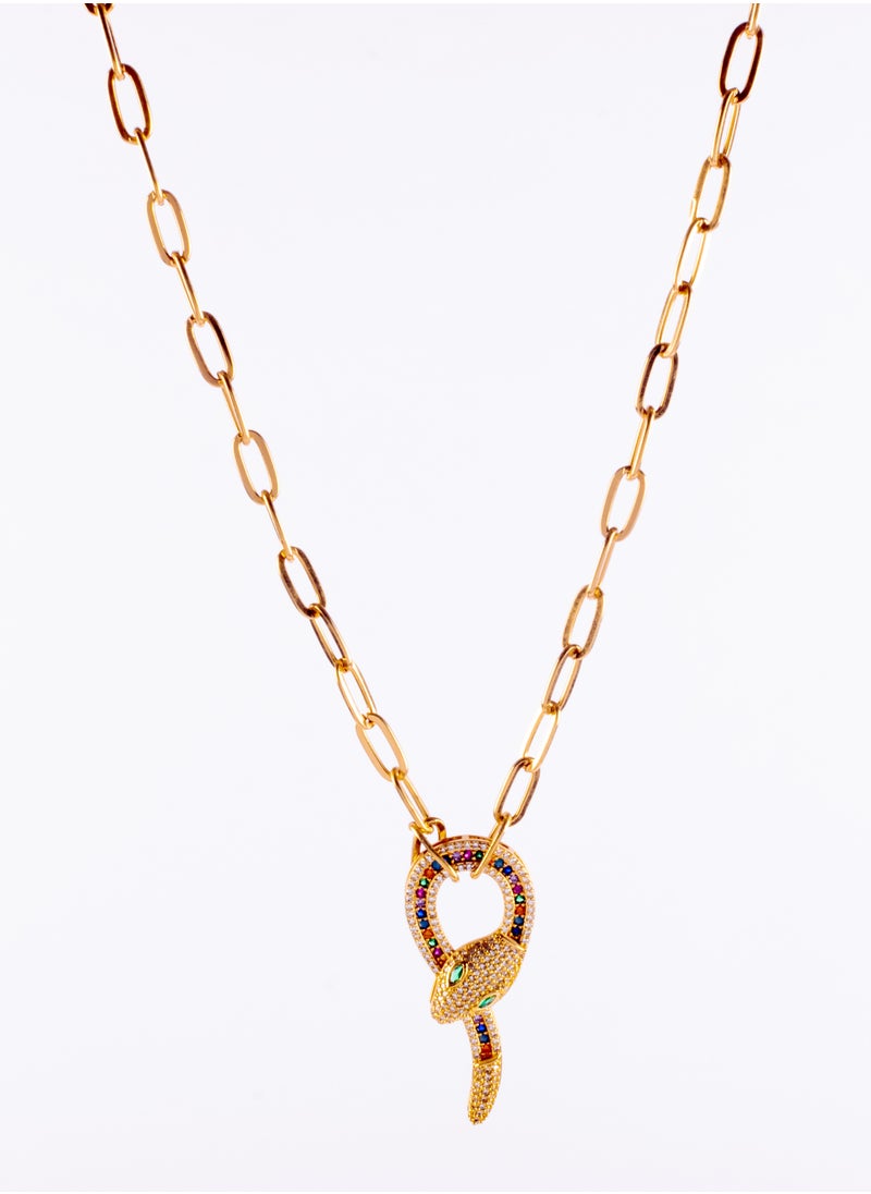 The Black Pearl Accessories - Chinese Gold Necklace gold with a Multi Colored Zirconic Snake Pendant - Image 1
