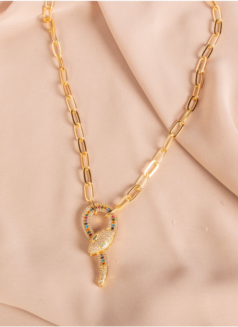 The Black Pearl Accessories - Chinese Gold Necklace gold with a Multi Colored Zirconic Snake Pendant - Image 1