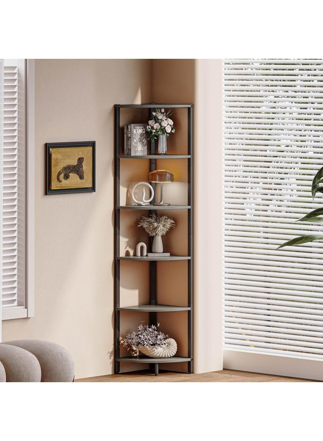 IRCPEN 6 Tier Corner Shelf 63.1" Tall Corner Shelves Stand Ladder Shelf Grey Woodgrain Industrial Standing Bookshelf Organizer Display Rack Bookcase Plant Stand for Living Room Bedroom CS-001GW - Image 5