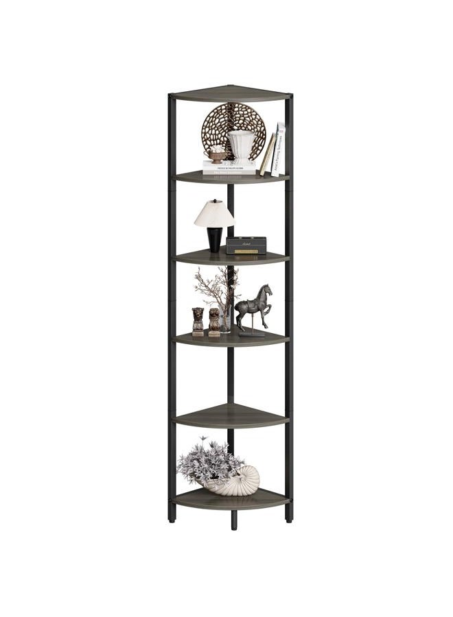 IRCPEN 6 Tier Corner Shelf 63.1" Tall Corner Shelves Stand Ladder Shelf Grey Woodgrain Industrial Standing Bookshelf Organizer Display Rack Bookcase Plant Stand for Living Room Bedroom CS-001GW - Image 1