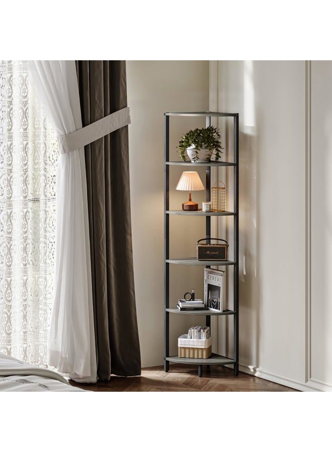 IRCPEN 6 Tier Corner Shelf 63.1" Tall Corner Shelves Stand Ladder Shelf Grey Woodgrain Industrial Standing Bookshelf Organizer Display Rack Bookcase Plant Stand for Living Room Bedroom CS-001GW - Image 2