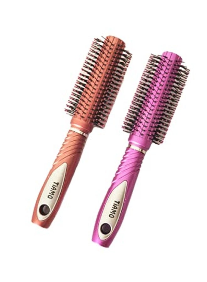 Tiamo Round Plastic Hairbrush set brown and pink for grooming - Image 1