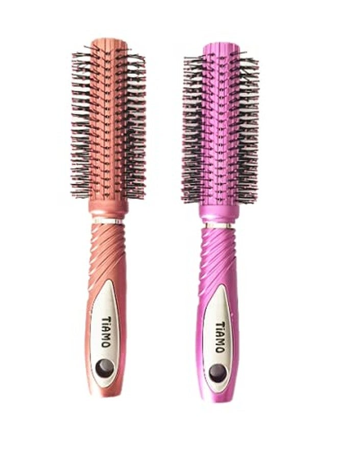 Tiamo Round Plastic Hairbrush set brown and pink for grooming - Image 2
