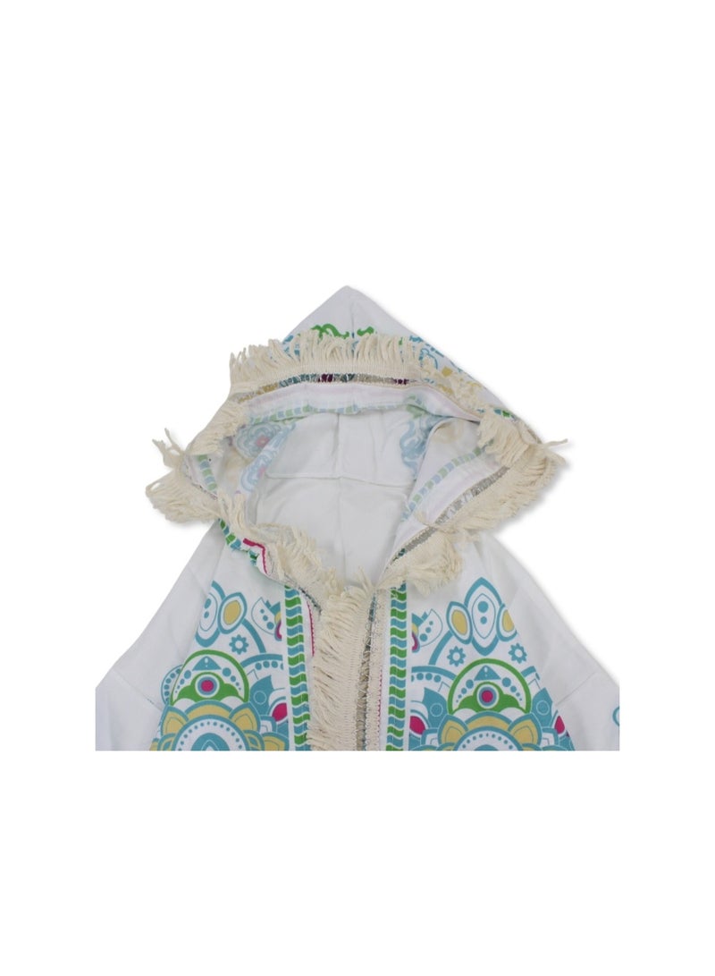 Ramadan Girls Hooded Kaftan – White with Islamic Shapes Print - Image 3