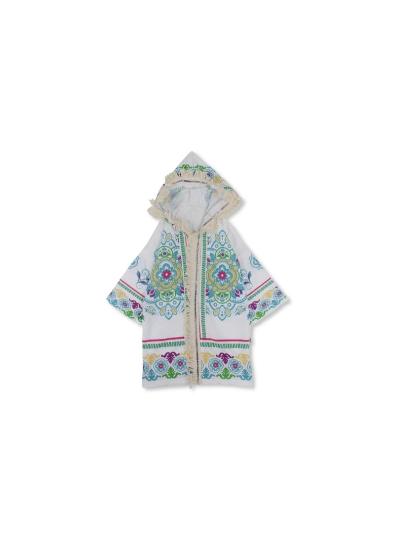 Ramadan Girls Hooded Kaftan – White with Islamic Shapes Print - Image 1