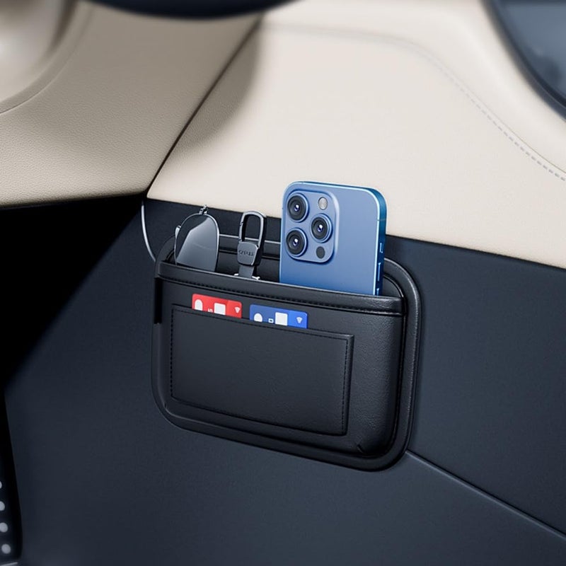 Tumecos Car Storage Bag Leather Small Debris Organizer Hanging Cell Phone Mobile Paste Type Bag for Stowing Tidy Universal AccessoriesBlackA1pcs - Image 2