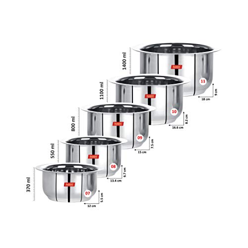 Sumeet Stainless Steel Friendly Tope/patila/cookware, 370ML, 550ML, 800ML, 1100ML,1400ML, 5 Piece (Steel) - Image 4