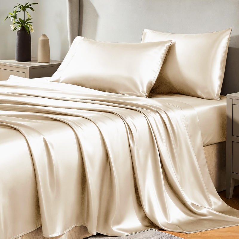 CozyLux Satin Sheets Queen Size - 4 Piece Champagne Bed Sheet Set with Silky Microfiber, 1 Deep Pocket Fitted Sheet, 1 Flat Sheet, and 2 Pillowcases - Smooth and Soft - Image 1