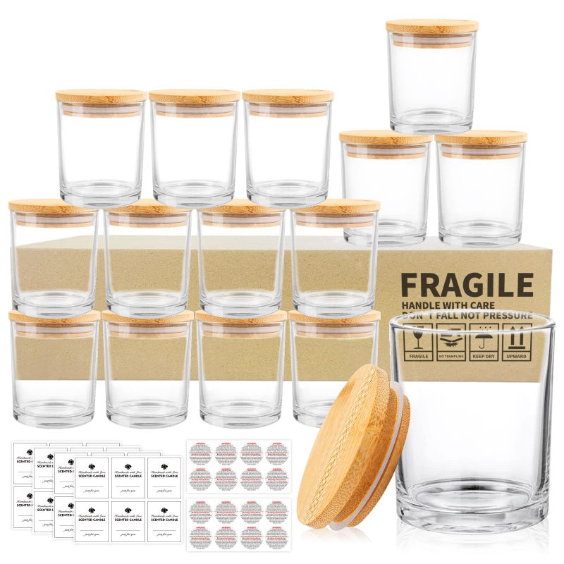 SUPMIND 15 Pack Glass Candle Jars, 7oz Clear Candle Containers with Bamboo Lids and Labels, Empty Candle Jars for Making Candles - Dishwasher Safe, 7 fl.oz - Image 1