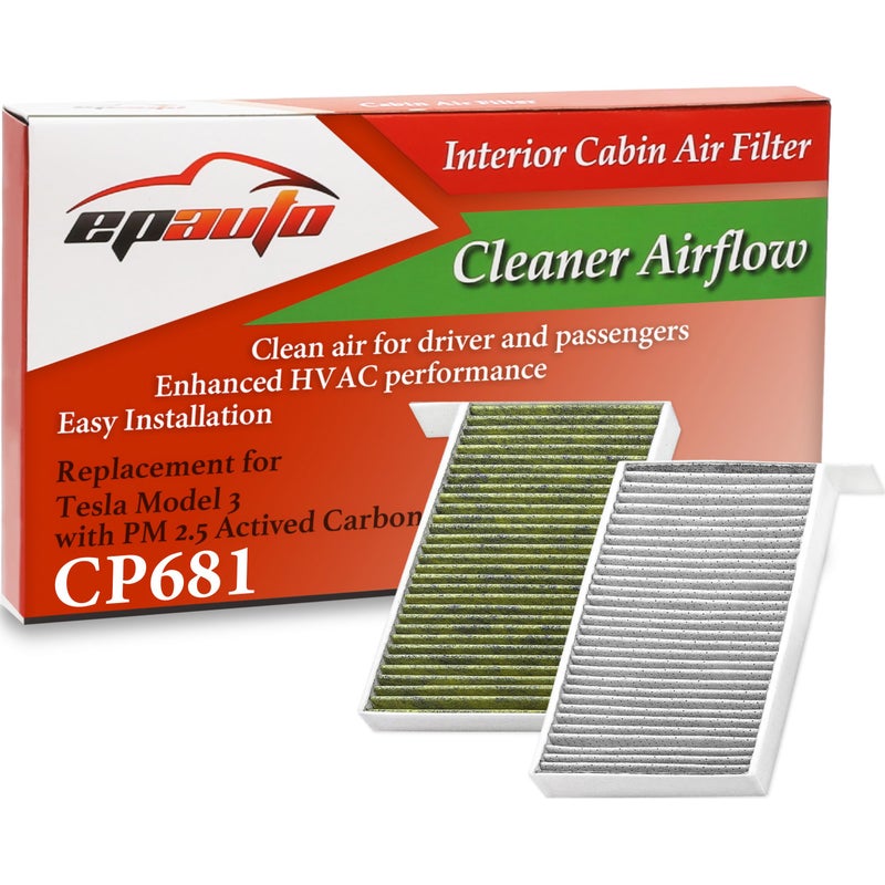 EPAUTO Cabin Air Filter CP681 (1107681-00-A) Replacement for Tesla Model 3 / Model Y, Includes Activated Carbon