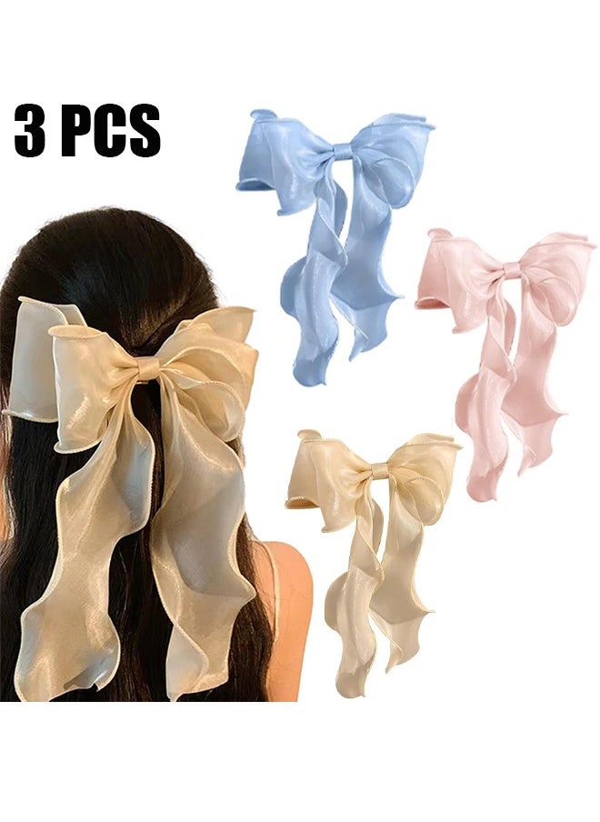 HY 3-Piece Gauze Cute and Beautiful Bow Hair Accessories for Women Girls (Blue + Pink + Apricot)  - Image 1