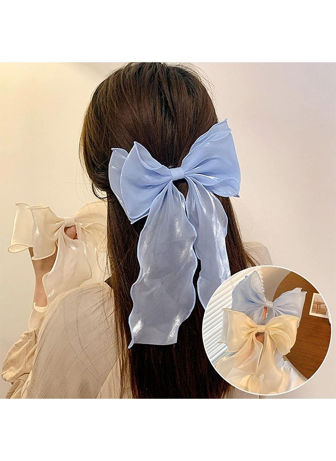 HY 3-Piece Gauze Cute and Beautiful Bow Hair Accessories for Women Girls (Blue + Pink + Apricot)  - Image 4