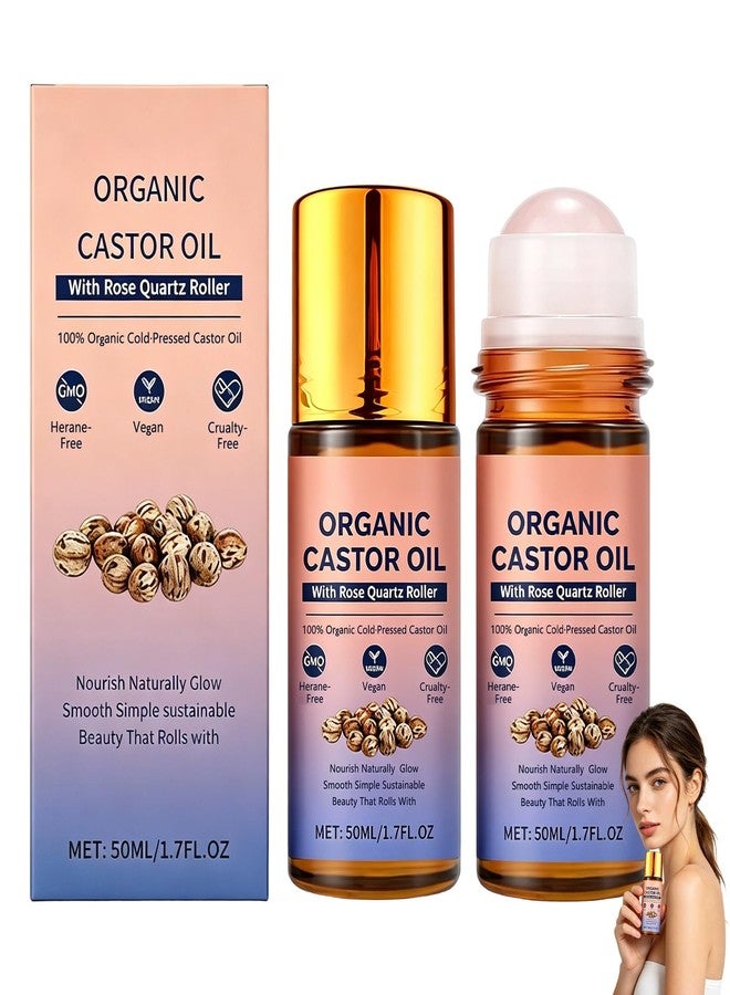 BSpecter 2 PCS Organic Castor Oil Roll On with Rose Quartz Roller, 100% Cold Pressed Moisturizing Oil for Brows, Lashes, Face & Dry Skin, Travel Friendly Leakproof Roller Bottle - Image 1