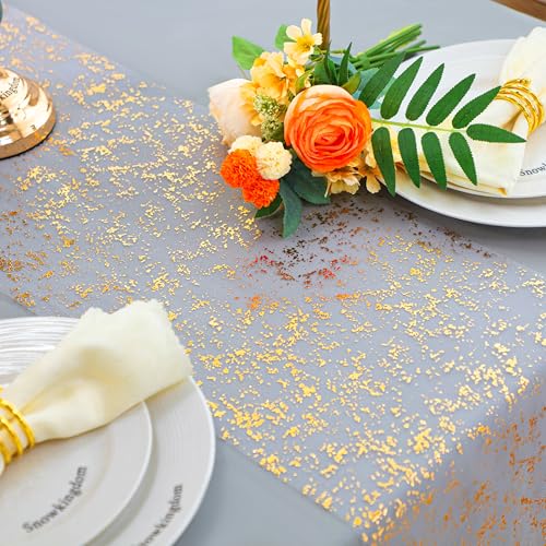 Snowkingdom 2 Pcs Gold Table Runner Roll, Sheer Gauze Chiffon Tulle Fabric Sequin Glitter Metallic Foil, Gold Golden Table Decorations for Home Wedding Birthday Party Anniversary Christmas - Image 3