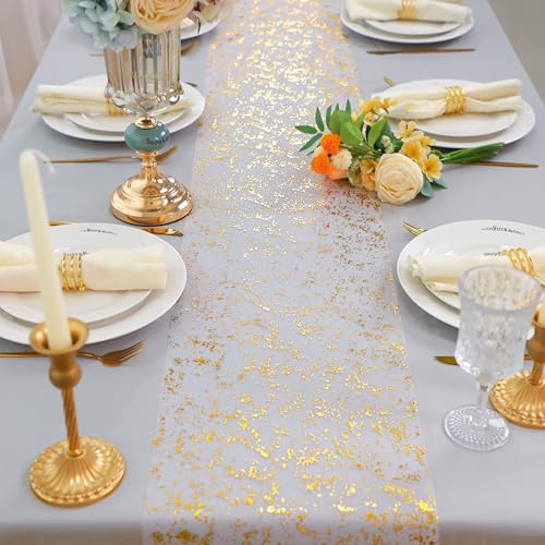 Snowkingdom 2 Pcs Gold Table Runner Roll, Sheer Gauze Chiffon Tulle Fabric Sequin Glitter Metallic Foil, Gold Golden Table Decorations for Home Wedding Birthday Party Anniversary Christmas - Image 2