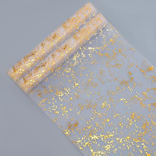 Snowkingdom 2 Pcs Gold Table Runner Roll, Sheer Gauze Chiffon Tulle Fabric Sequin Glitter Metallic Foil, Gold Golden Table Decorations for Home Wedding Birthday Party Anniversary Christmas - Image 1