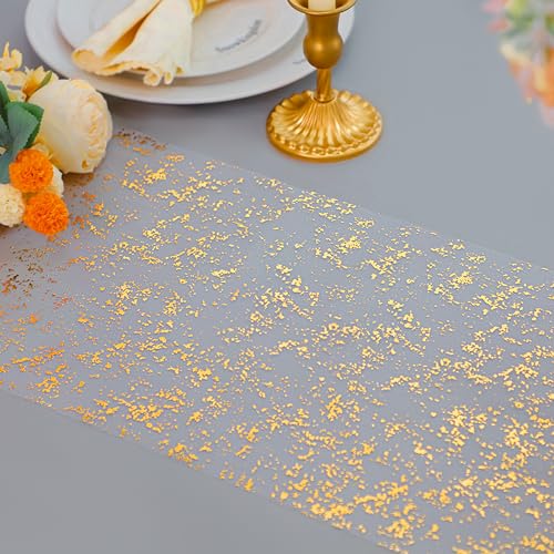 Snowkingdom 2 Pcs Gold Table Runner Roll, Sheer Gauze Chiffon Tulle Fabric Sequin Glitter Metallic Foil, Gold Golden Table Decorations for Home Wedding Birthday Party Anniversary Christmas - Image 5